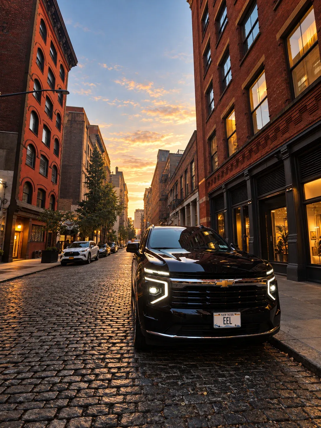 The East End Lux Suburban on a brick-lined city street at sunset