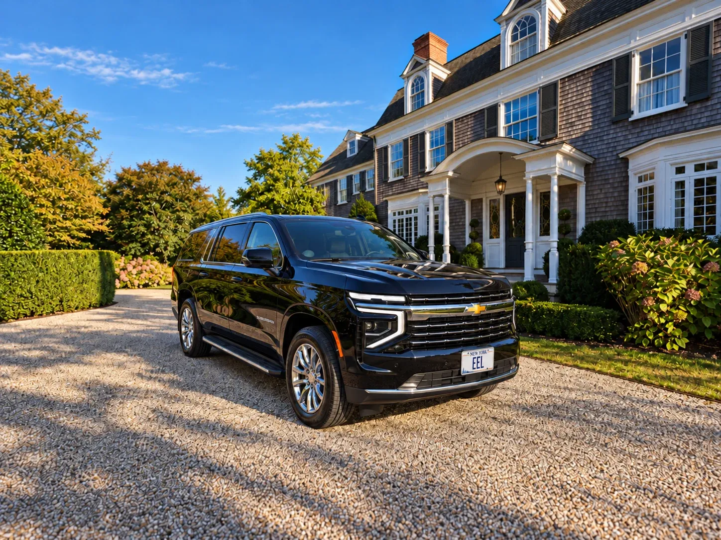 The East End Lux Suburban in the gravel driveway of a family estate