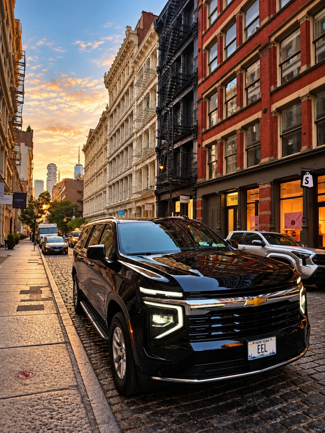 The East End Lux Suburban on a Manhattan street at sunset