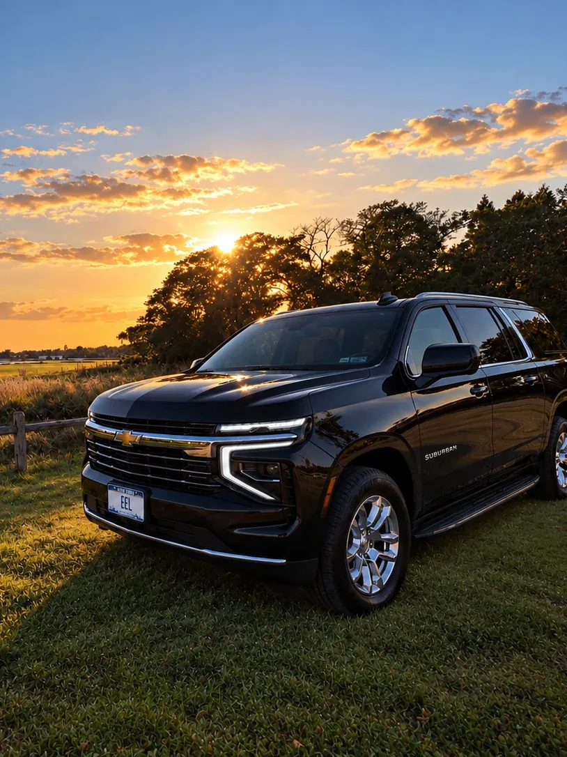 The East End Lux Suburban beside the marsh at sunset