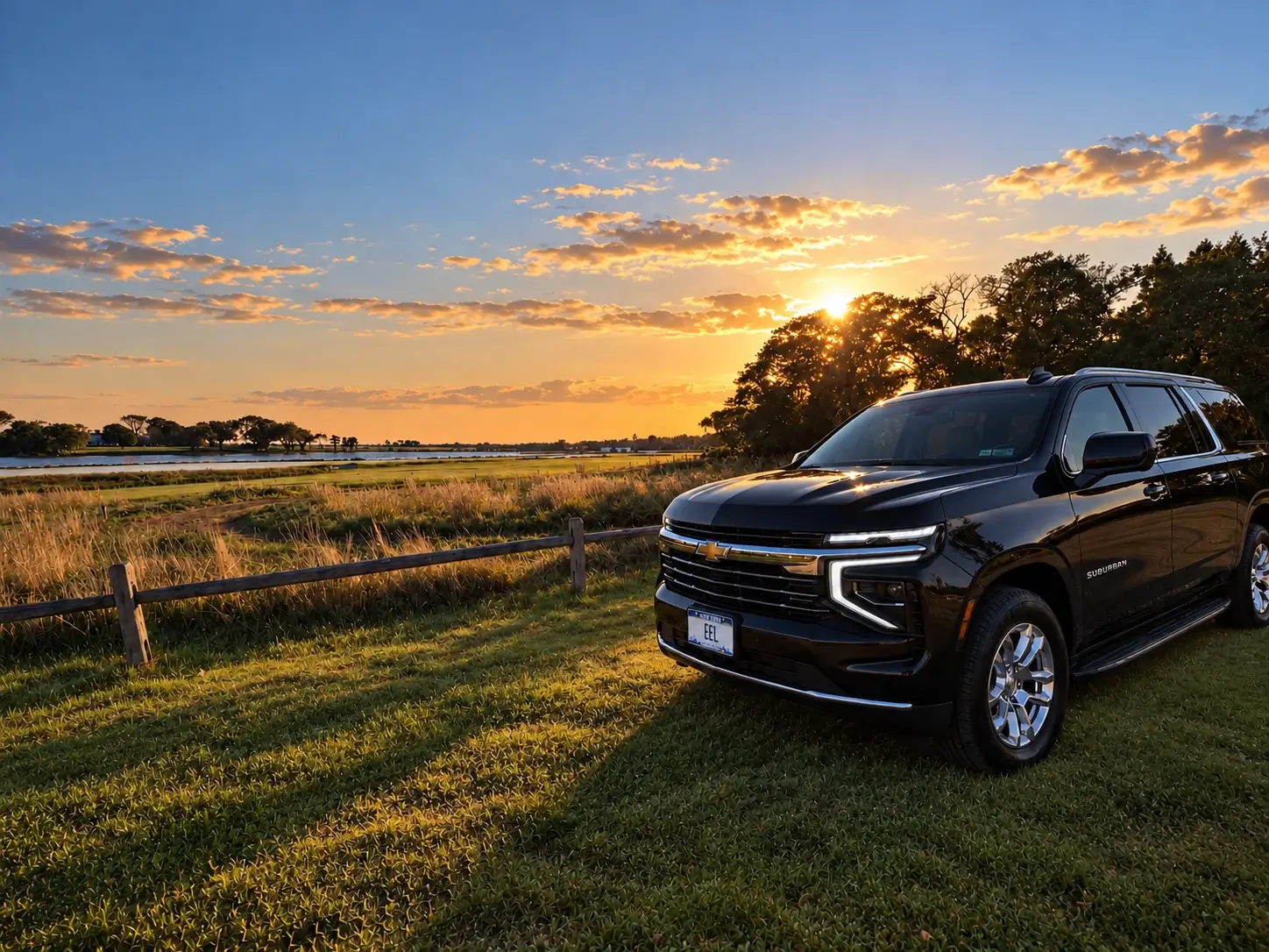 A black East End Lux SUV parked on the grass beside a marsh at sunset