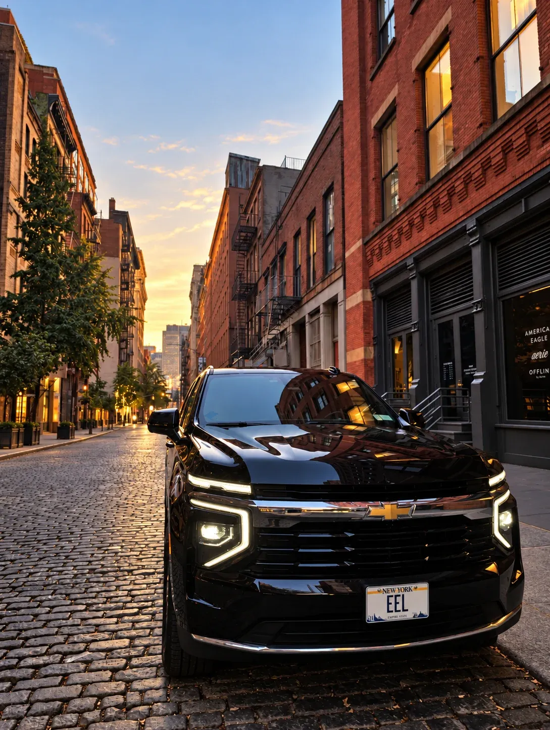 The East End Lux Suburban on a cobblestone street in SoHo