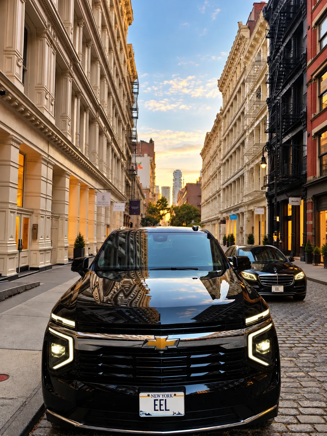 The East End Lux Suburban on a cobblestone street in Manhattan